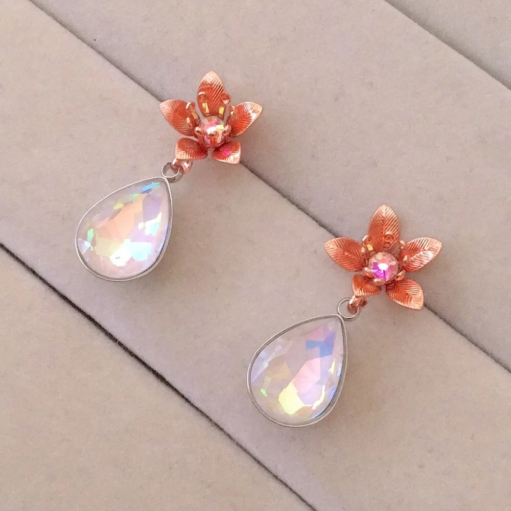 Iridescent White Aurora Borealis + Rose Gold Crystal Flower Drop Earrings